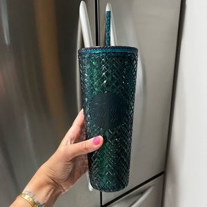 NEW 2021 Starbucks Holiday Christmas Blue Green Bling Studded Cold Tumbler 24oz
